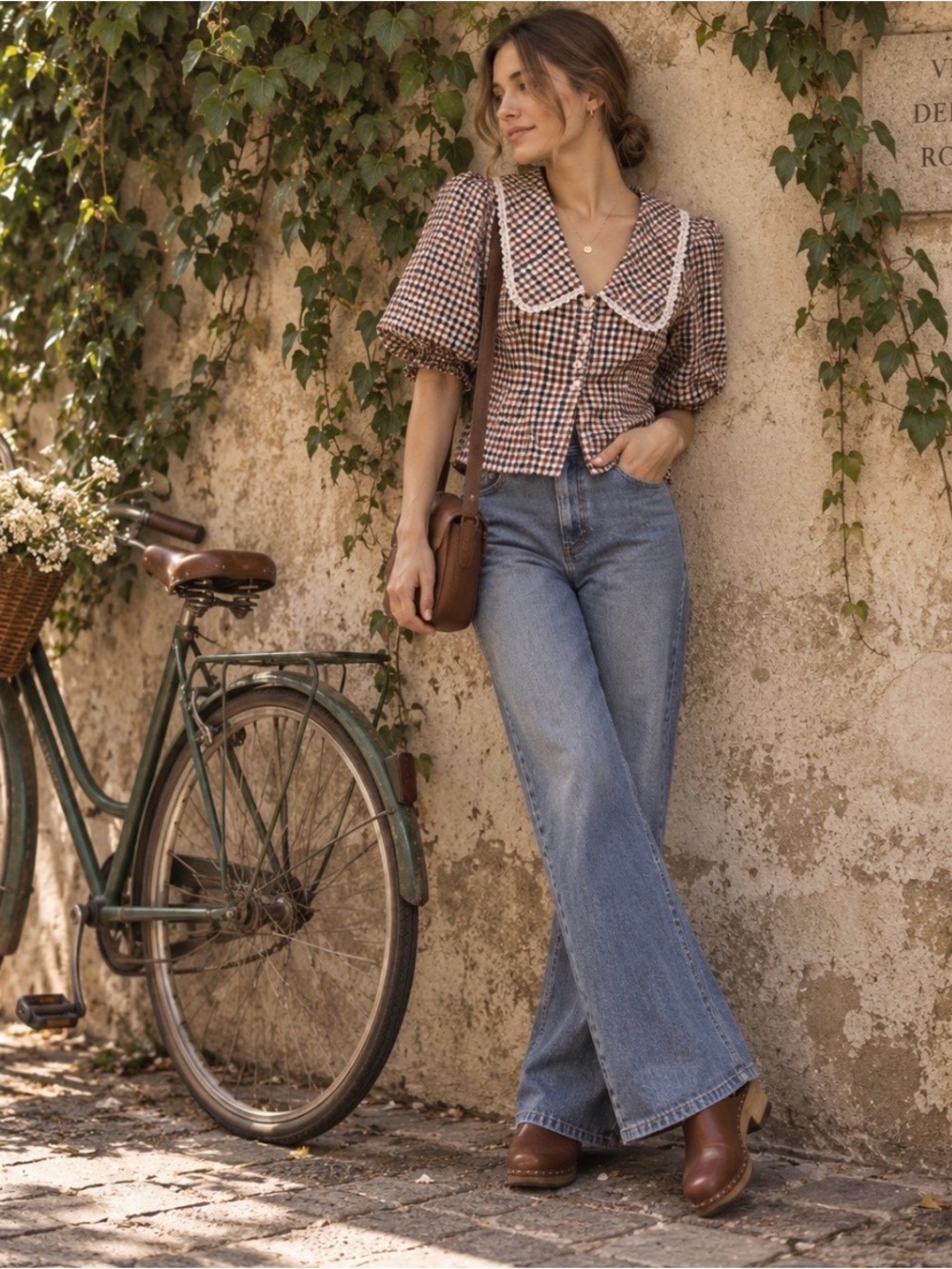Anthropologie Maeve Gingham Collared Puff Sleeve Blouse Top Medium